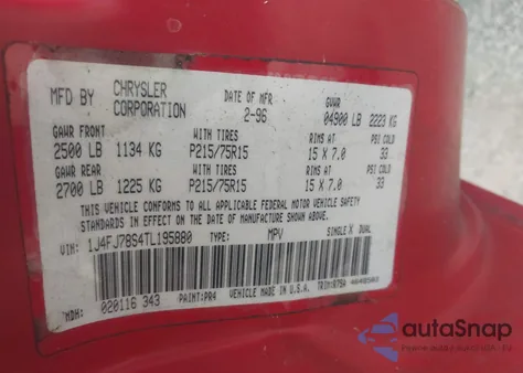 1996 Jeep Cherokee Country z USA, uszkodzony, nr VIN 1J4FJ78S4TL195880